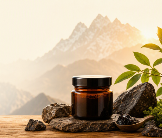 Sunrise scene with a Vitality Cycles Shilajit product on a wooden table