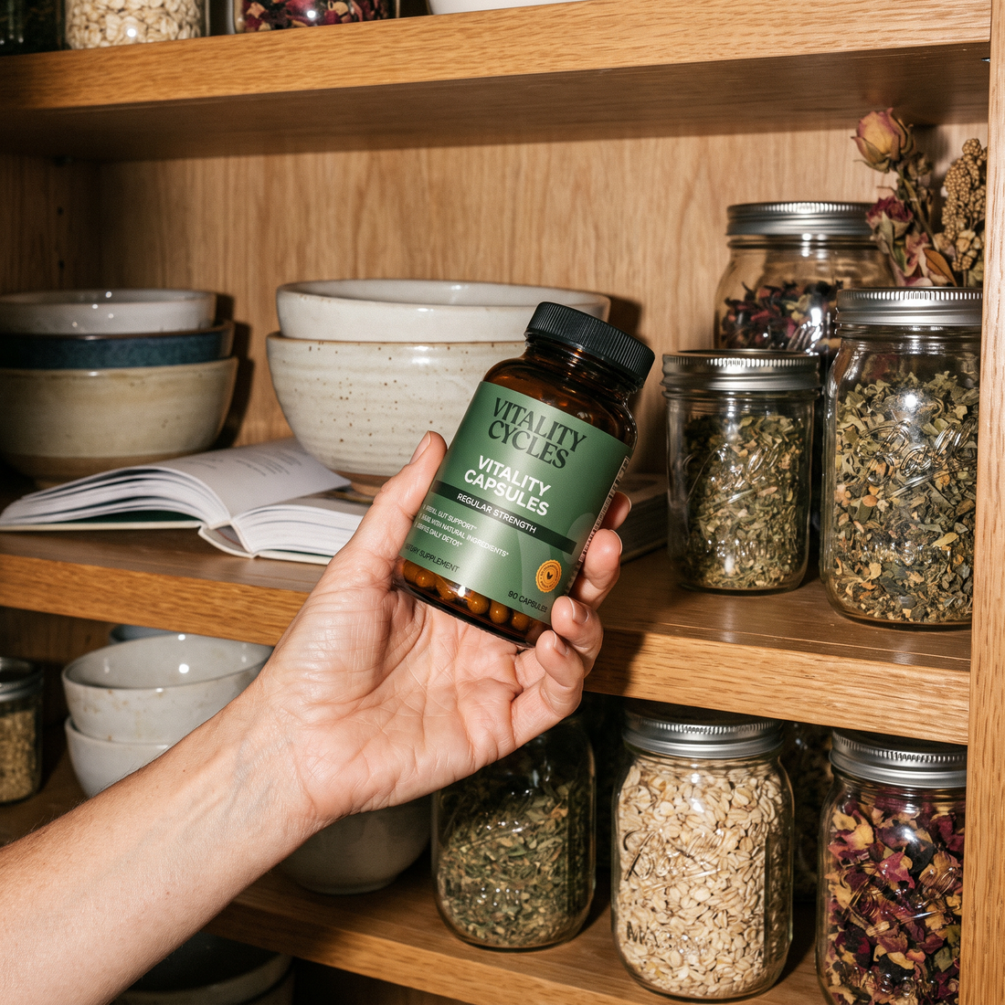 A bottle of Vitality Capsules in front of a shelf of herbs